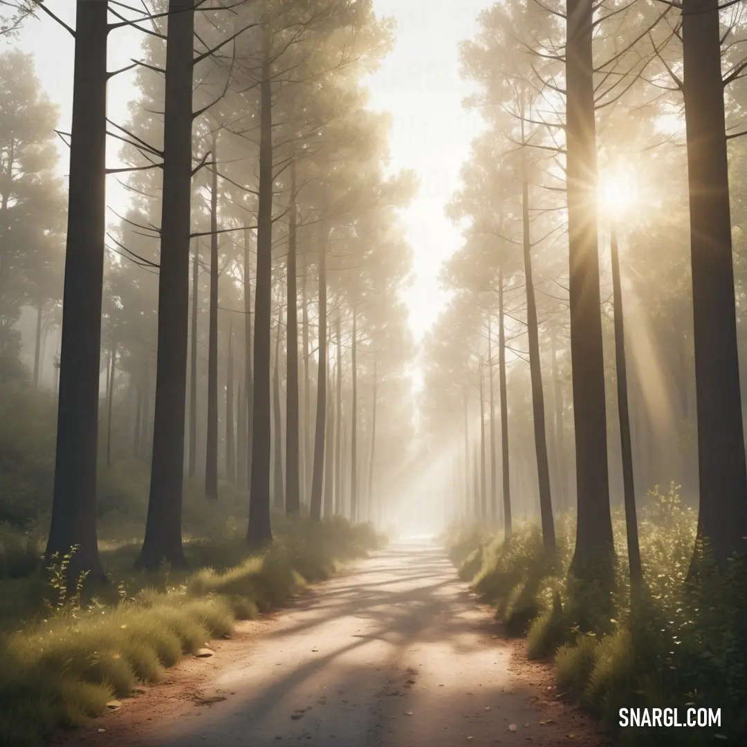 Road in the middle of a forest with sun shining through the trees and grass on the ground and on the ground. Example of PANTONE 155 color.