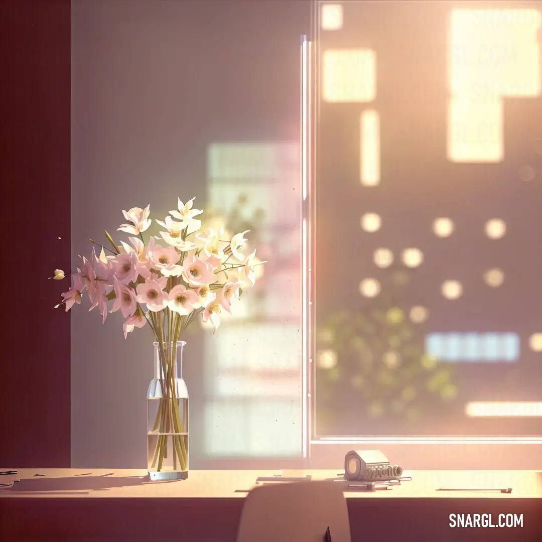 Vase of flowers on a table next to a window with a view of a city outside the window