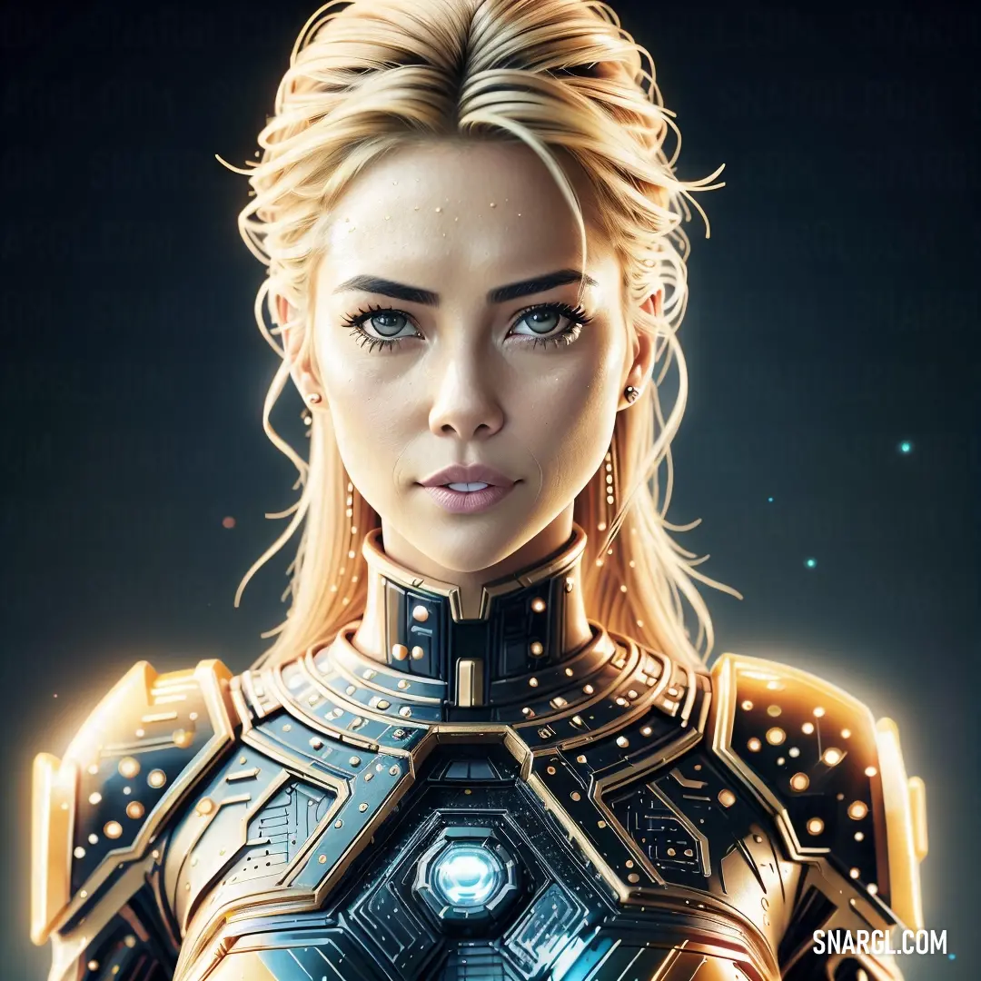 Woman in a futuristic suit with a glowing light on her chest and shoulders