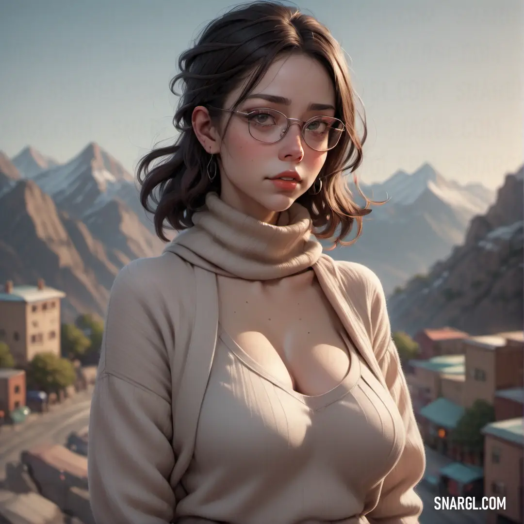 Woman with glasses standing in front of a mountain range with a scarf around her neck