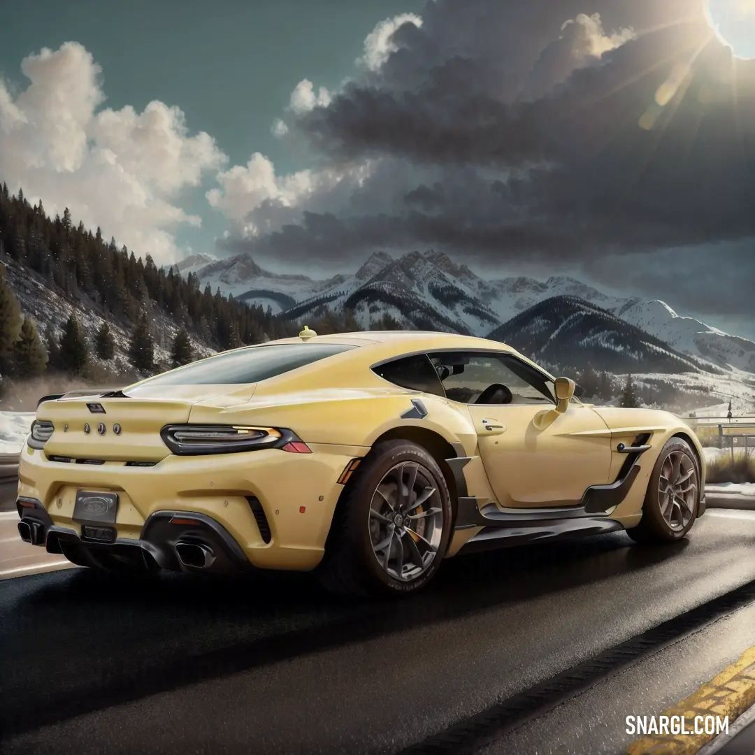 Yellow sports car driving down a road with mountains in the background and clouds in the sky above it