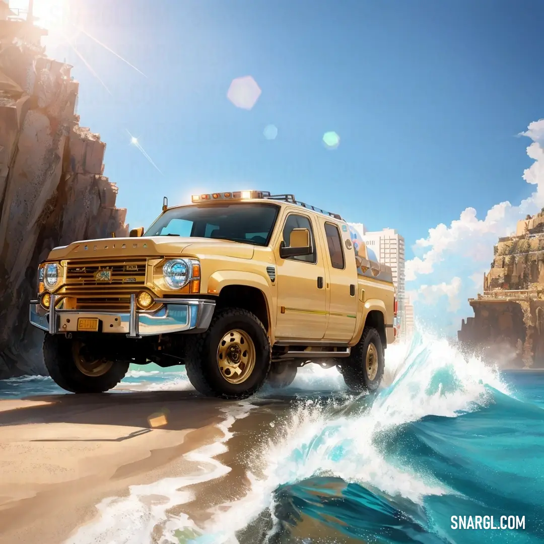 Yellow truck driving on a beach next to a cliff and ocean with buildings in the background and a blue sky