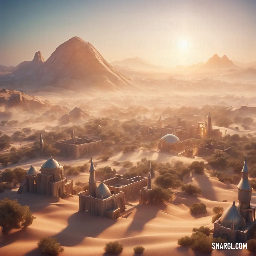 Desert with a lot of buildings and mountains in the background. Color #F0C199.