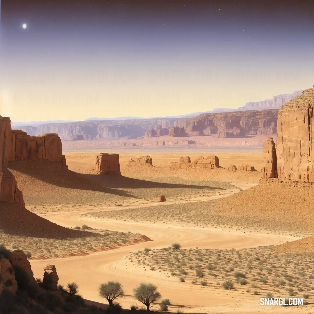 Desert landscape with a moon in the sky and a desert landscape with a few trees and rocks in the foreground