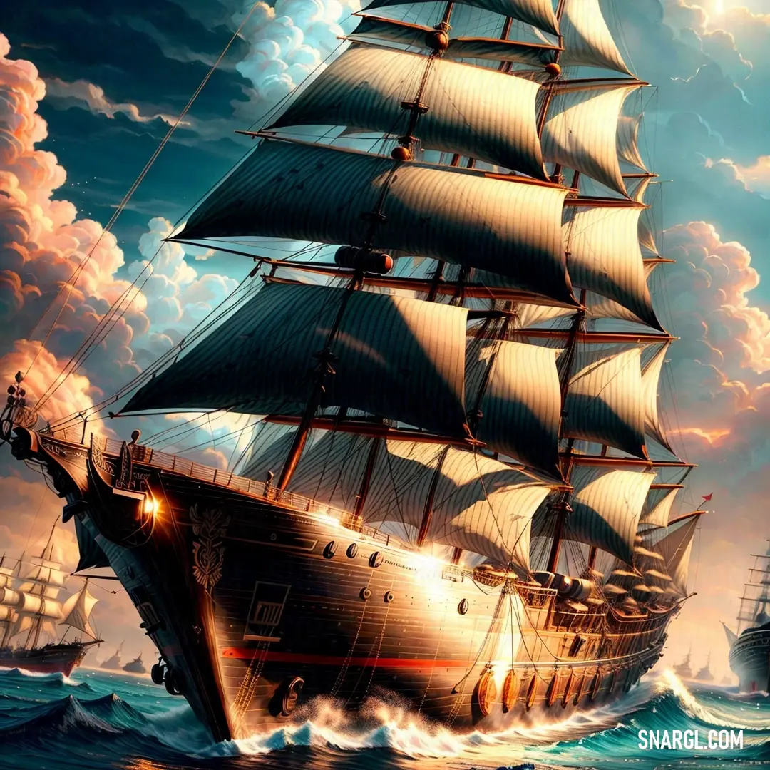 Painting of a ship sailing in the ocean with a sky background and clouds above it