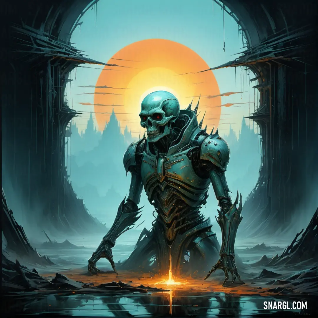 Skeleton in a futuristic setting with a glowing orb in the background and a large sun in the sky