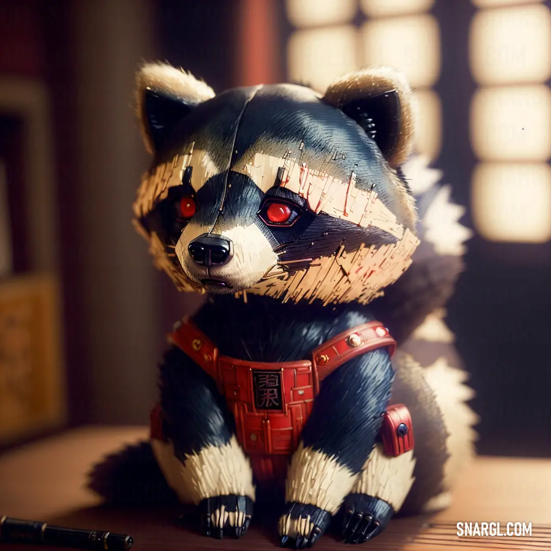 Toy raccoon with a red eye and a red belt around its neck on a table