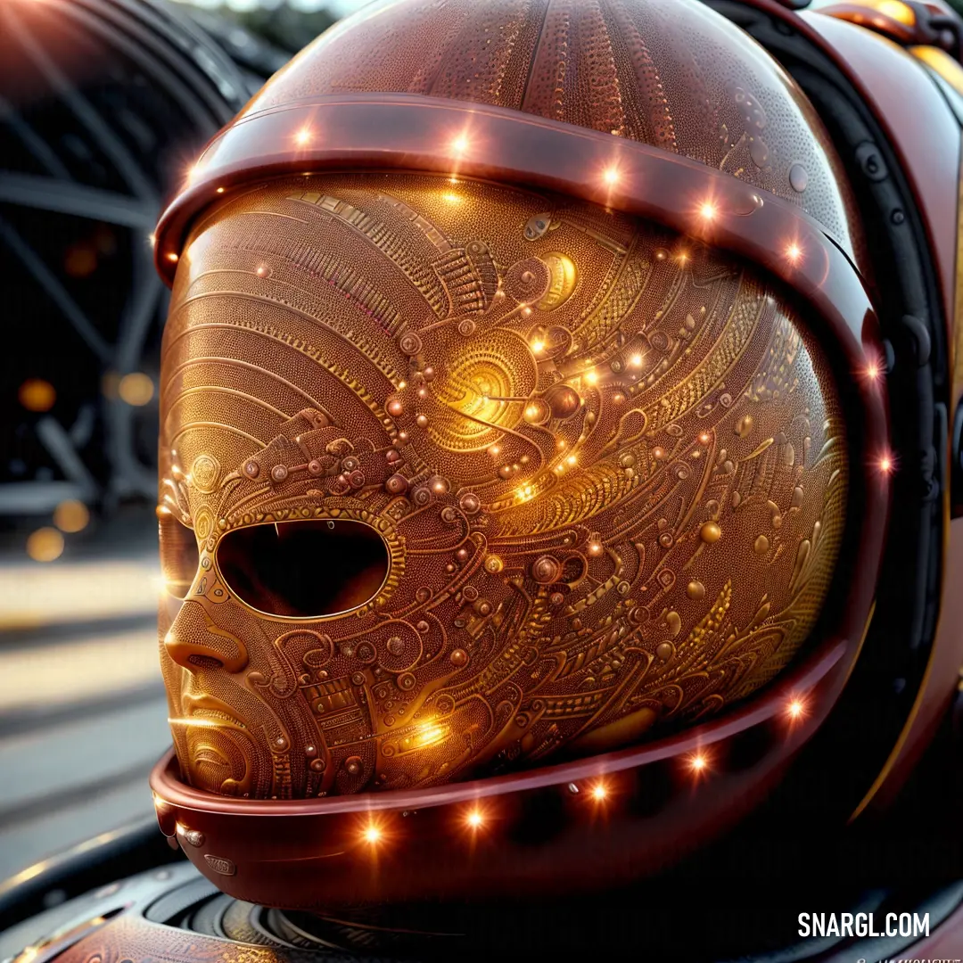 Helmet with a skull on it and lights on it's face and head is shown in front of a background of a train