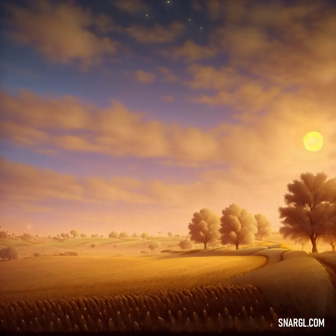 Painting of a sunset with a tree and a field in the foreground and a bright moon in the background