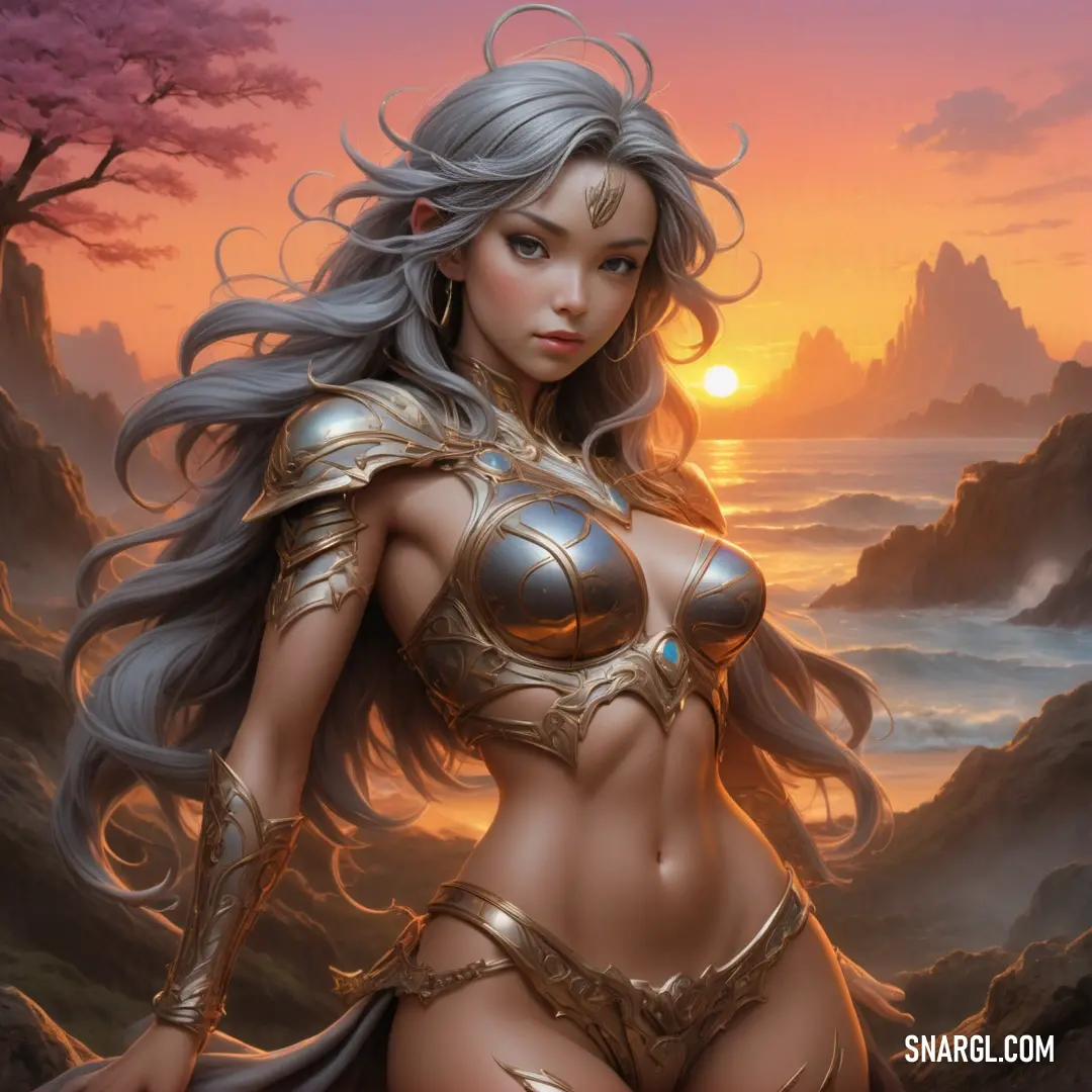 Woman in a bikini and armor standing in a rocky area with a sunset behind her and a body of water