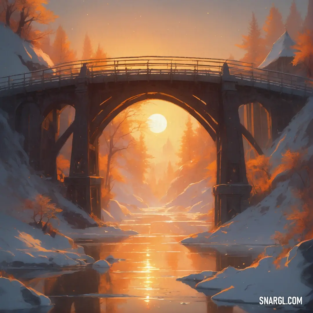 Painting of a bridge over a river at sunset with snow on the ground and trees on the bank. Color CMYK 0,51,77,0.