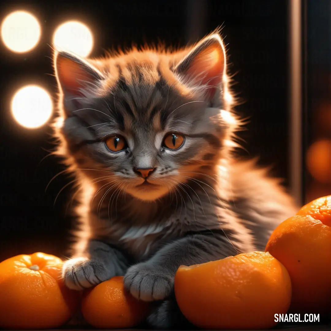 Kitten on top of an orange next to a bunch of oranges on a table with lights behind it