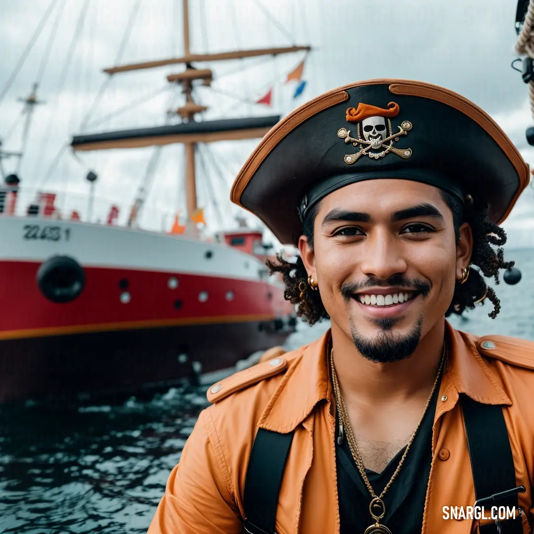 Man in a pirate hat standing in front of a boat in the water with a smile on his face