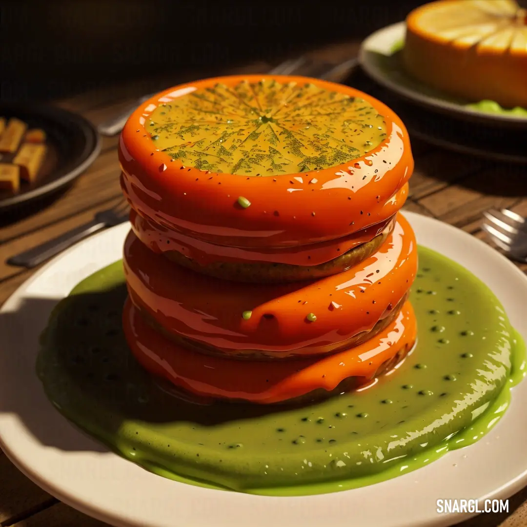 Stack of tomatoes on a plate with a green sauce on it