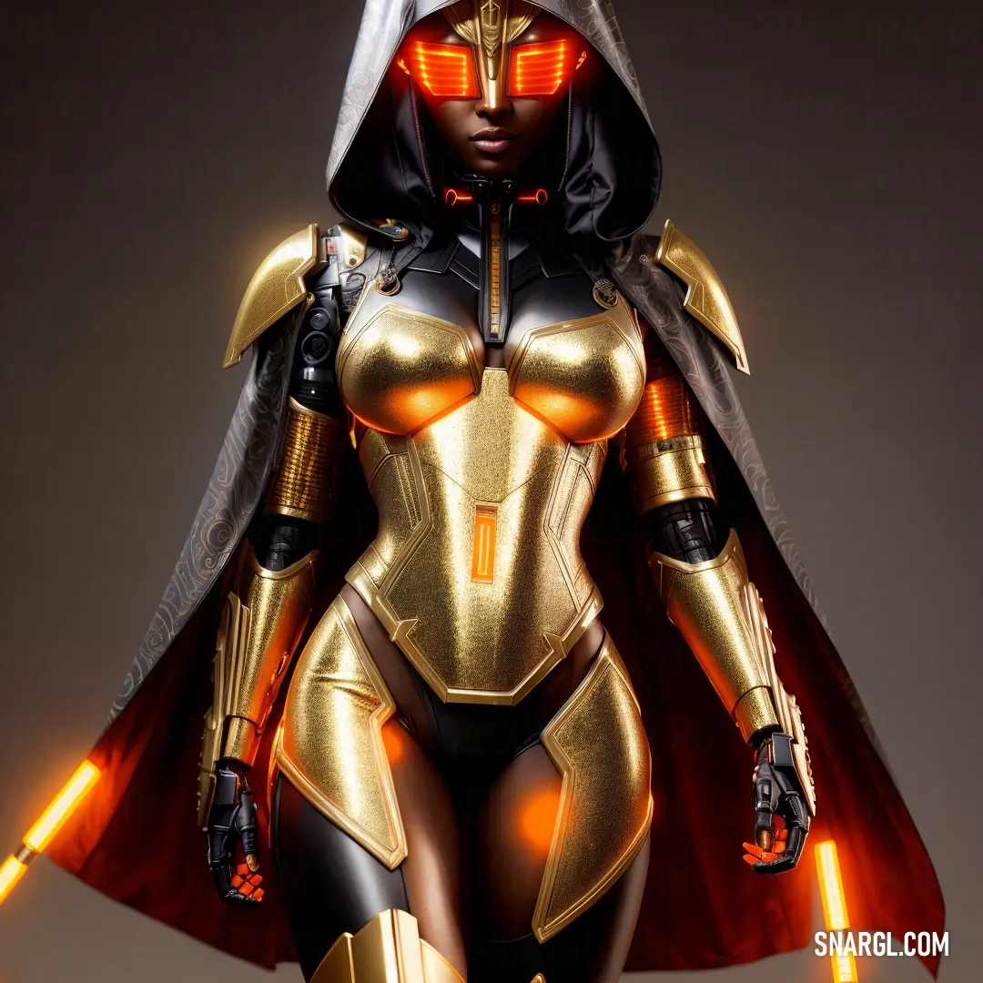 Woman in a gold and red costume with lights on her face