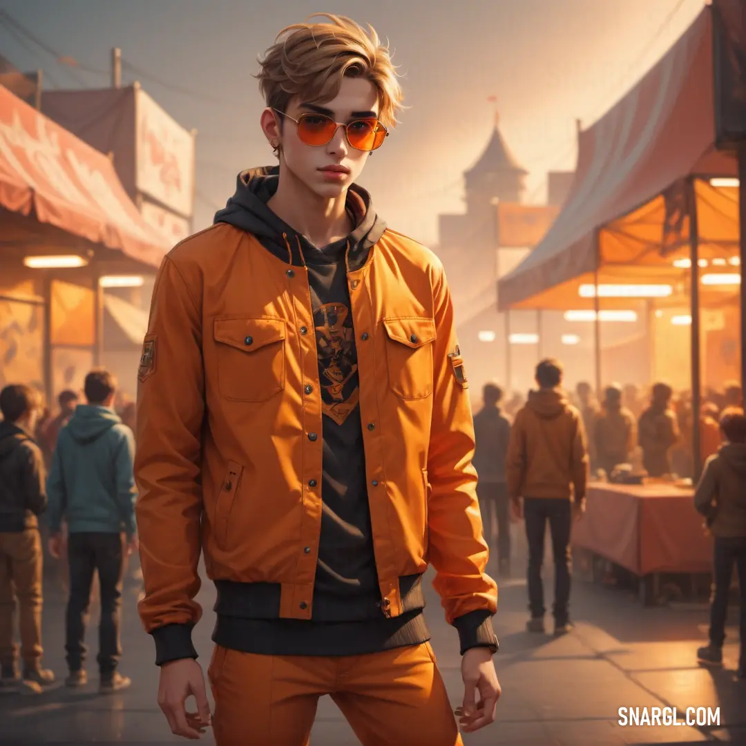 Man in an orange jacket and sunglasses standing in front of a crowd of people in a city at sunset. Example of CMYK 0,61,97,0 color.