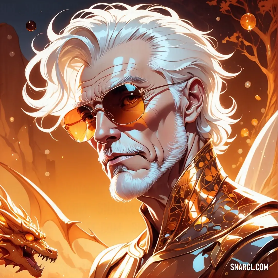 Man with white hair and glasses in a painting style with a dragon on his shoulder and a dragon on his shoulder