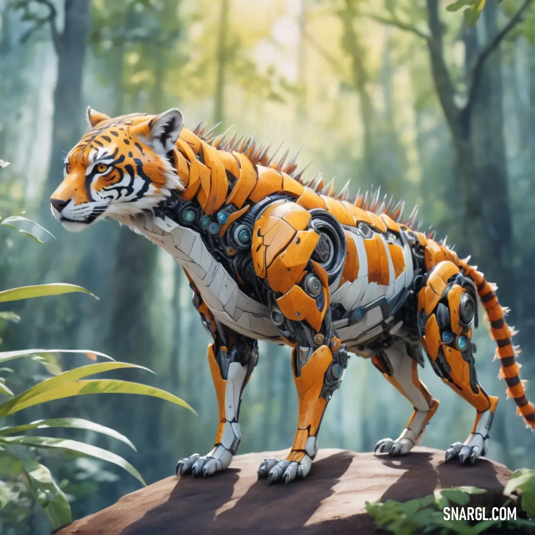 Toy tiger standing on top of a rock in a forest with trees and bushes behind it, with a background. Color RGB 229,132,38.
