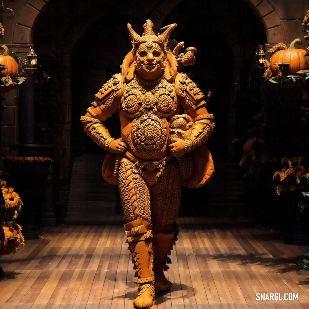 Woman in a costume walking down a runway with pumpkins on the floor behind her and a statue of a demon on the side