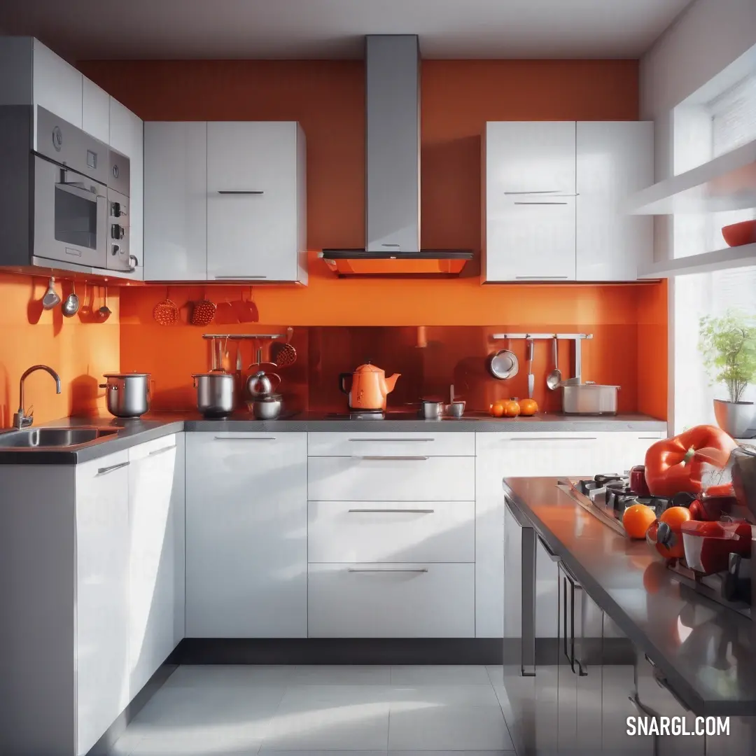 PANTONE 1595 color. Kitchen with orange walls and white cabinets and counters and a stove top oven and microwave oven and a sink