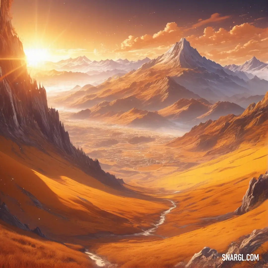 Painting of a mountain landscape with a stream running through it and a sun shining over the mountains in the distance