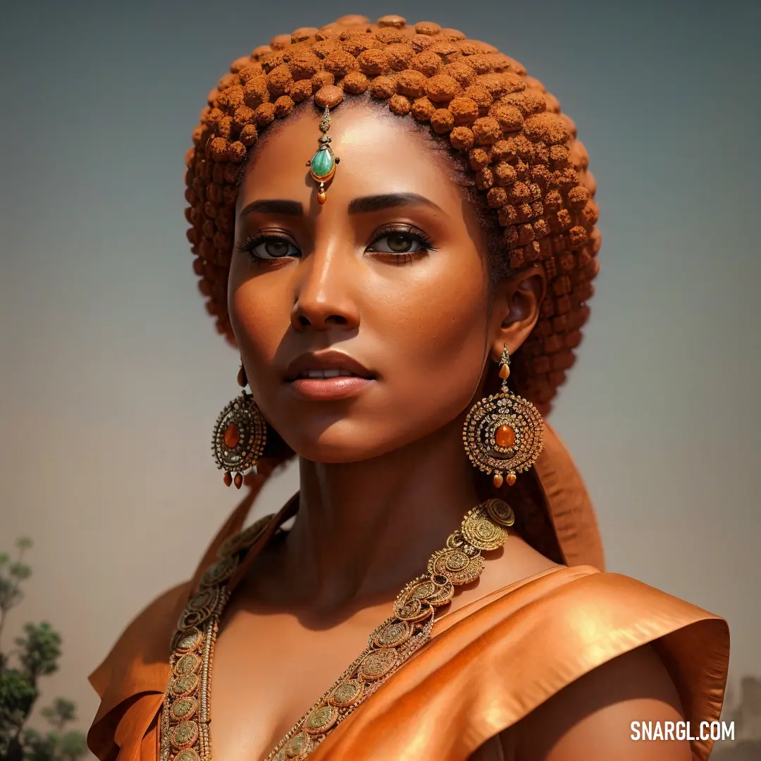 Woman with a braid and a head piece wearing earrings and a dress with a gold dress and a gold necklace. Example of PANTONE 1595 color.