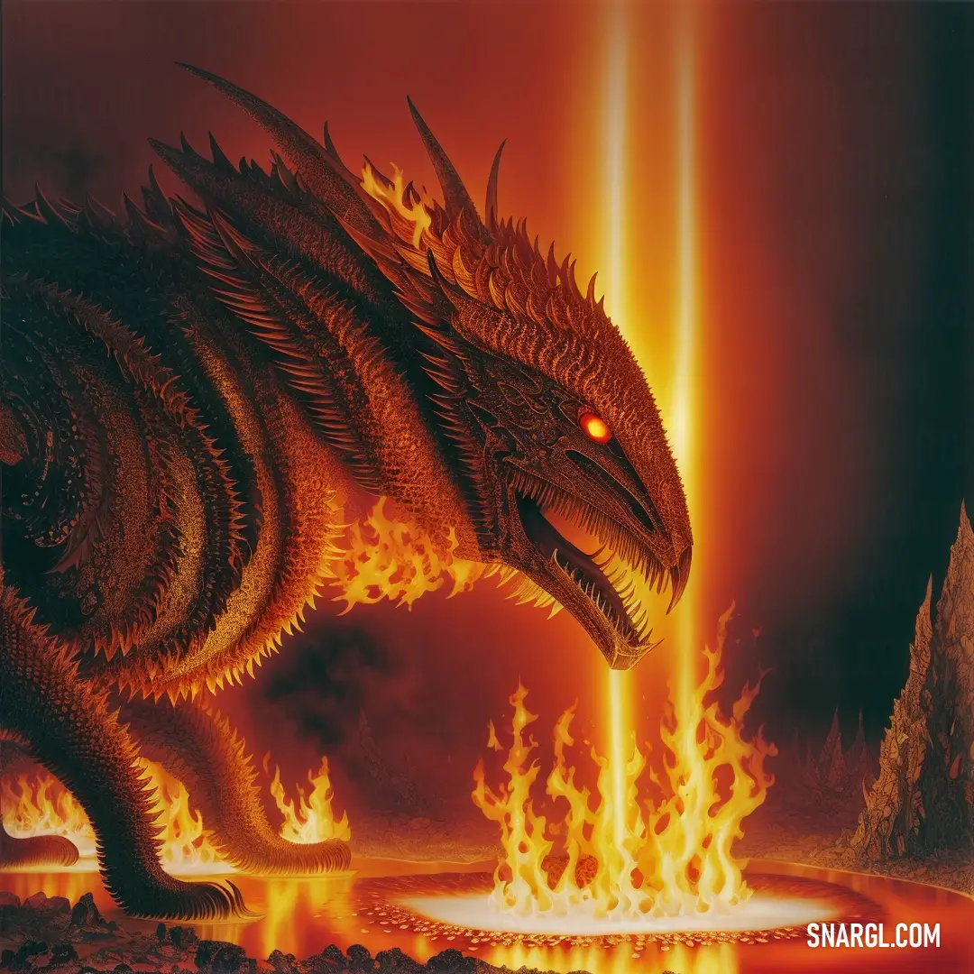 Dragon is standing in front of a fire and water fountain with flames coming out of it's mouth