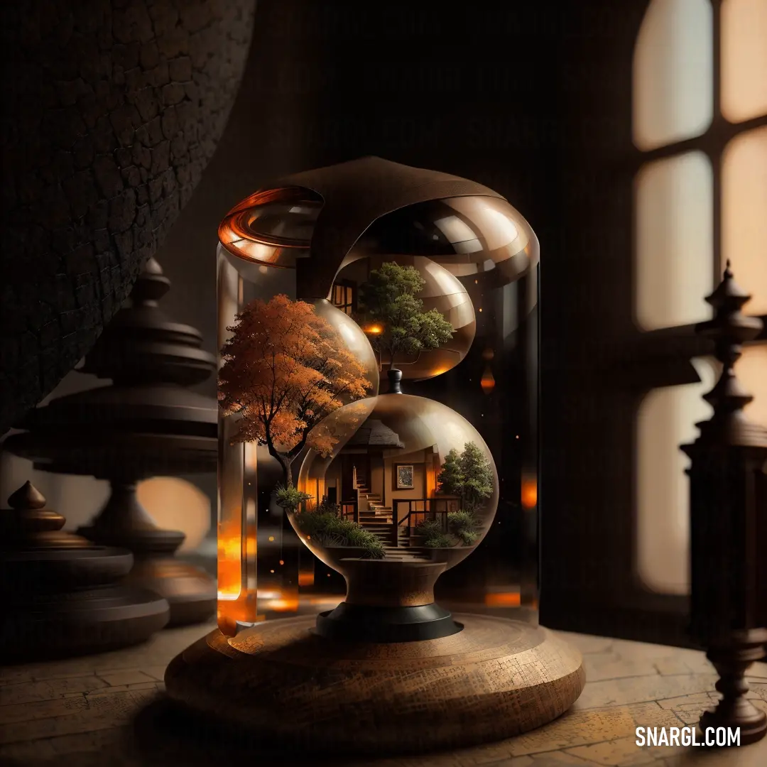 Glass globe with a house inside of it on a table next to a window with a view of a tree
