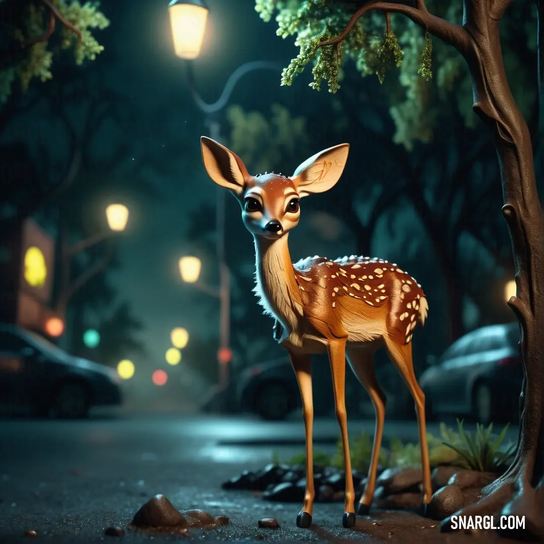 Deer standing on a street next to a tree at night with a street light in the background. Color PANTONE 1605.