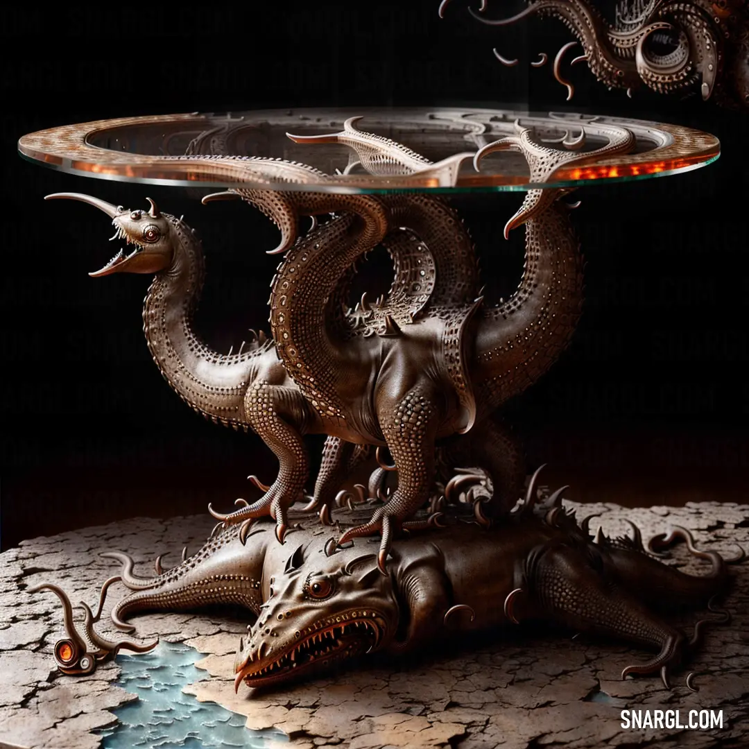 Table with a dragon sculpture on top of it and a glass plate on top of it