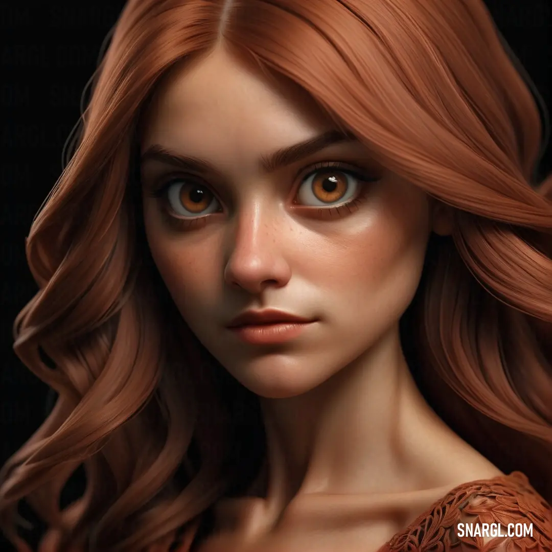Woman with long red hair and blue eyes is shown in this digital painting style image of a woman with long red hair