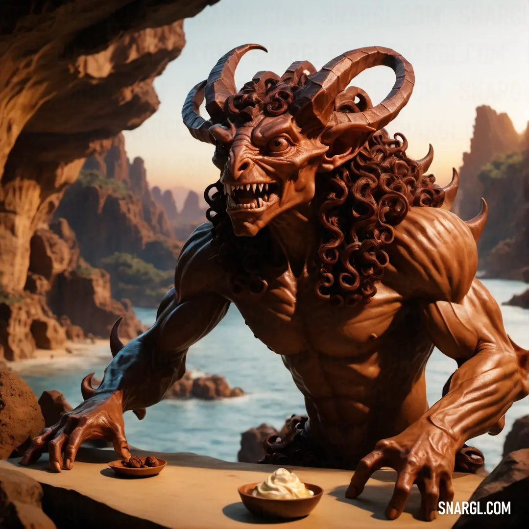 PANTONE 1615 color example: Statue of a demon with horns and a bowl of food in front of a body of water with rocks and cliffs