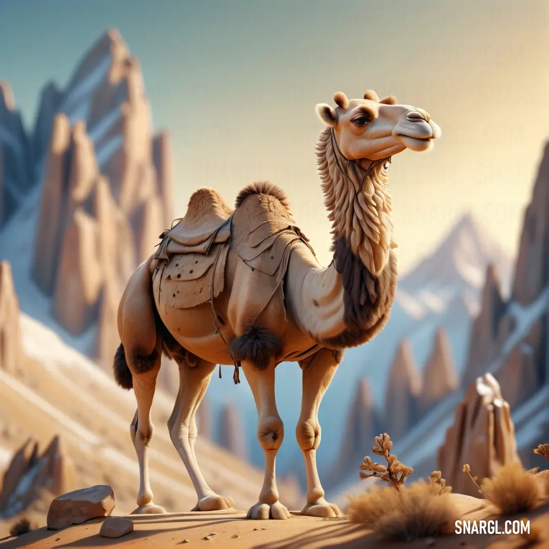 Camel standing in the desert with mountains in the background