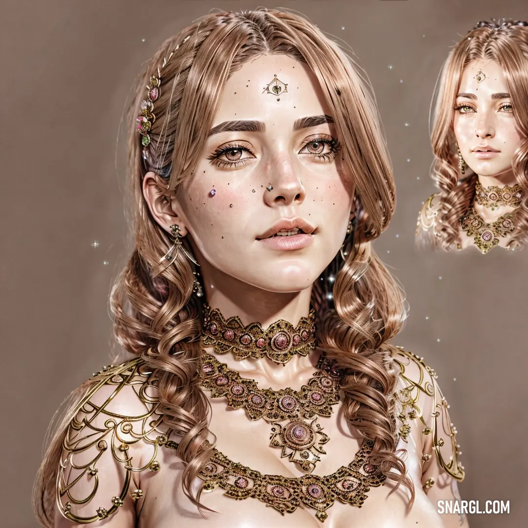 Digital painting of a woman with long hair and a necklace on her neck and a face with a diamond in the middle