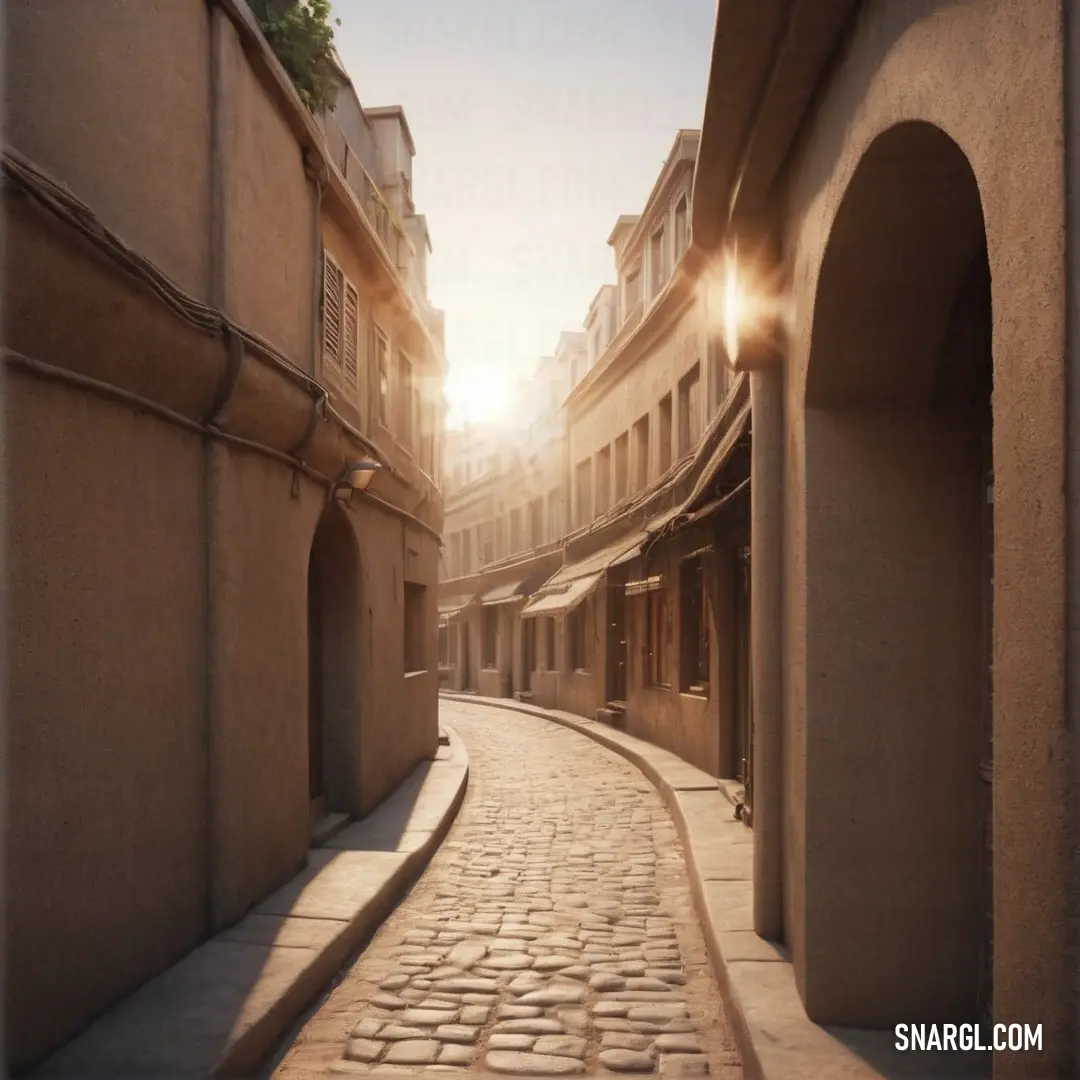 Narrow street with a cobblestone street in the middle of it and a light shining on the buildings. Color #F0C4A0.