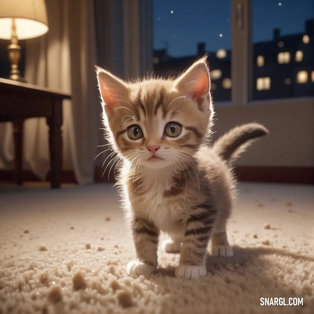 Small kitten standing on a carpet in front of a window at night with a city view behind it