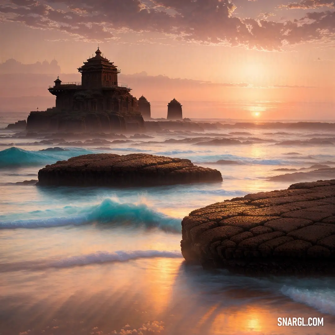 Sunset over a rocky beach with a lighthouse in the distance and waves crashing in front of it. Example of CMYK 0,41,42,0 color.