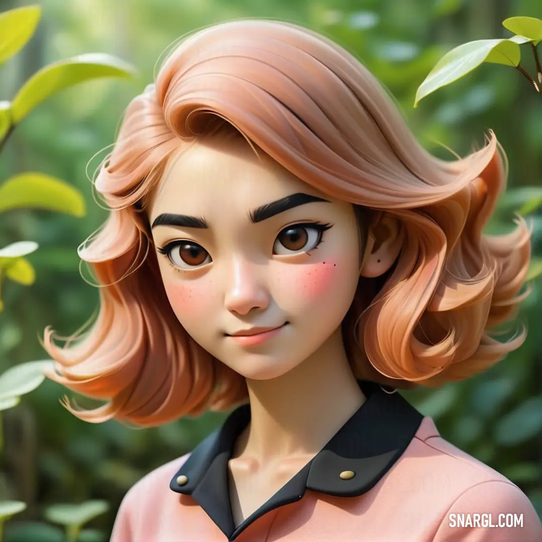 Cartoon girl with blonde hair and a black collared shirt is standing in front of a bush and leaves