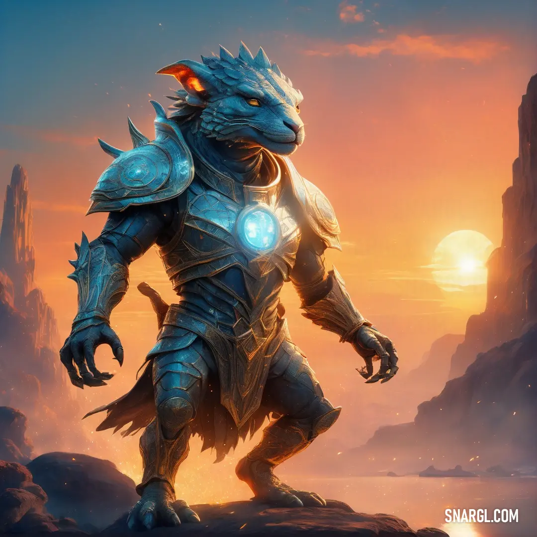 Creature with glowing eyes and a glowing head standing on a rock in front of a sunset sky