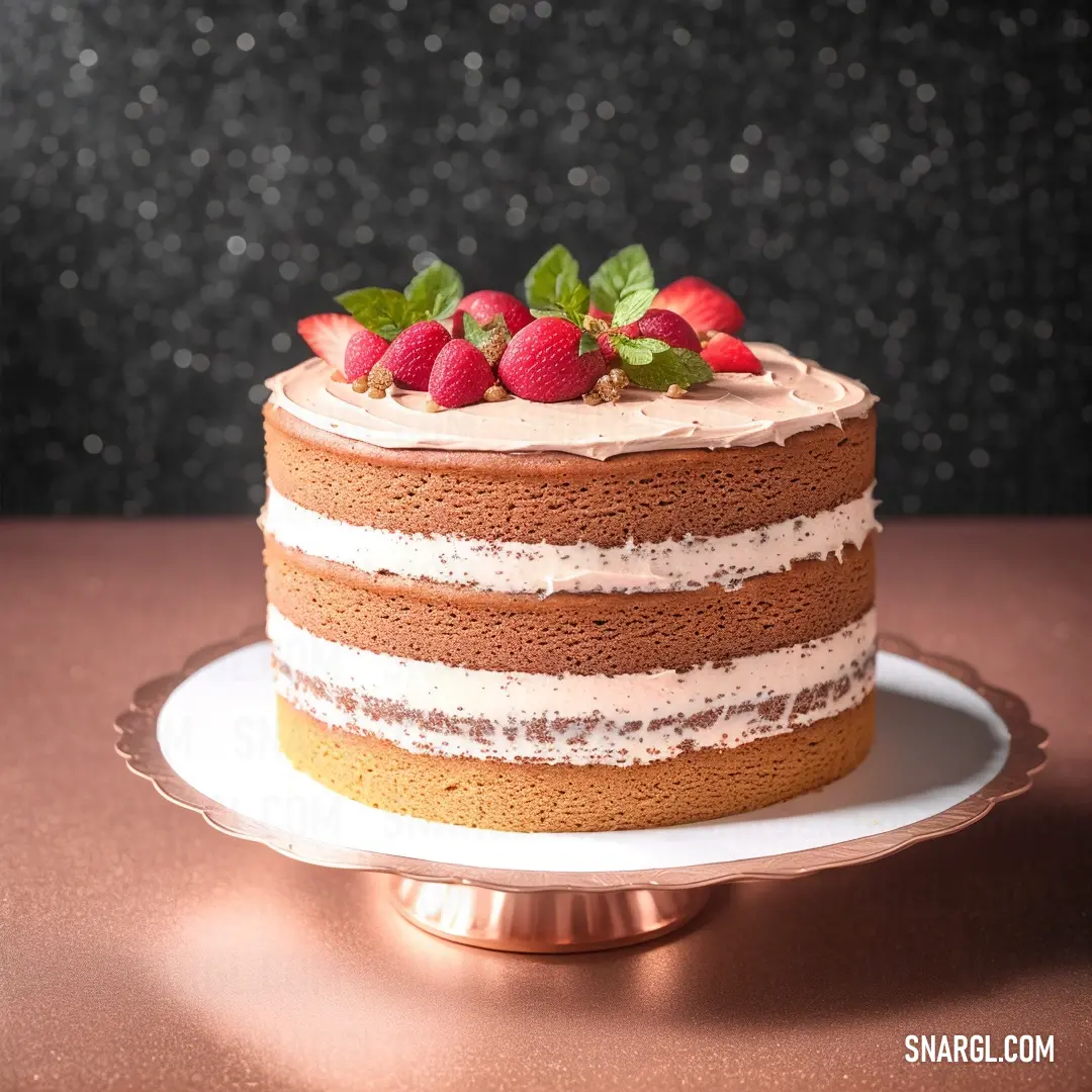 Cake with strawberries on top of it on a plate on a table with a black background and a gold plate. Color #E8986D.