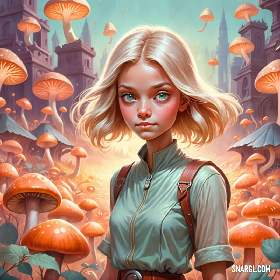 Painting of a woman standing in a field of mushrooms with a castle in the background and a sky filled with clouds