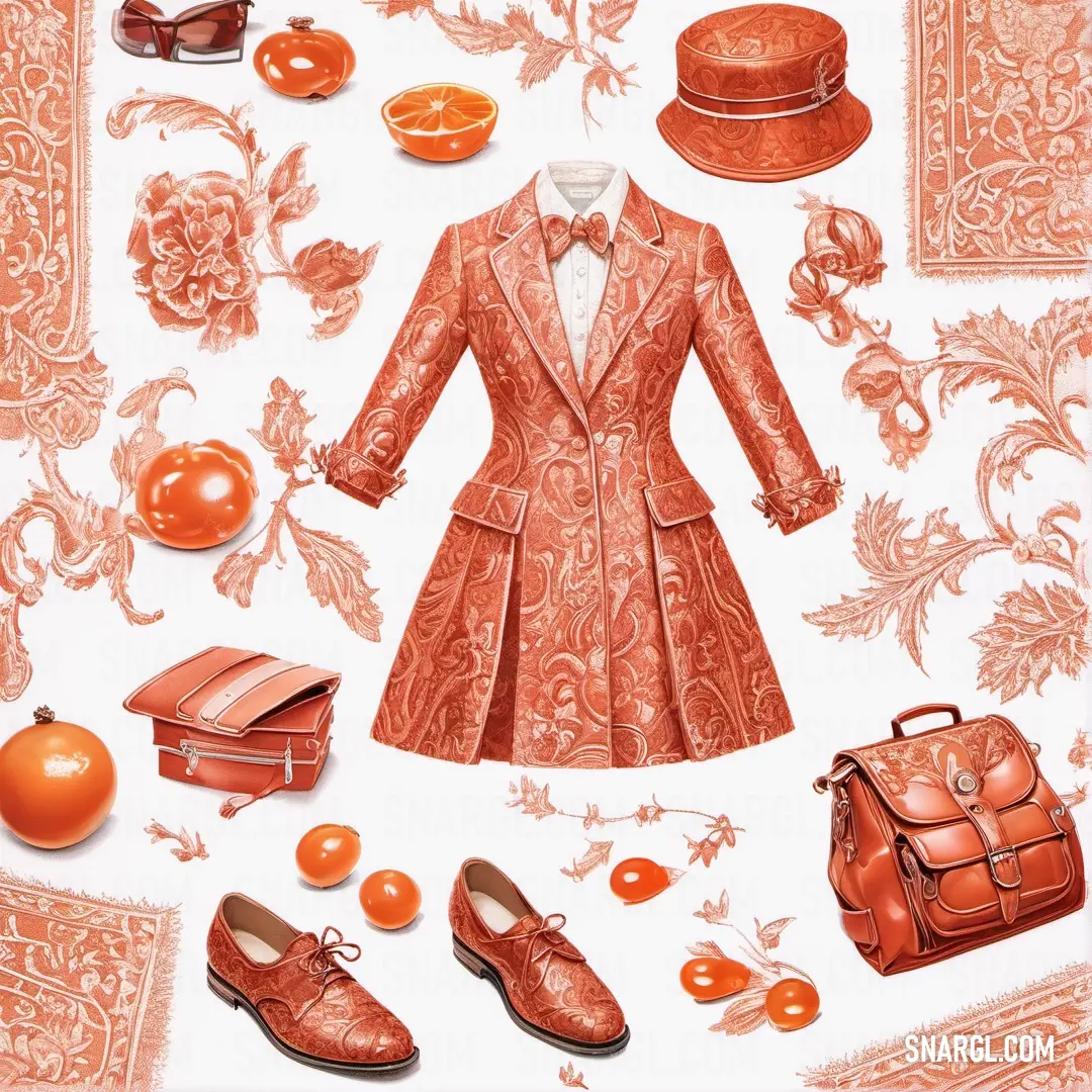Picture of a woman's dress and accessories on a tablecloth with oranges and oranges. Example of #E8986D color.