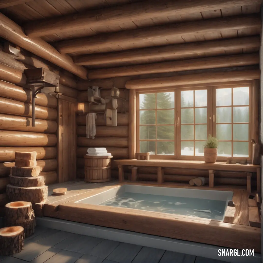 A luxurious bathroom featuring a soothing jacuzzi tub elegantly positioned by a window, offering inviting views of the serene woods outside, creating a perfect atmosphere for relaxation and rejuvenation in a tranquil setting.