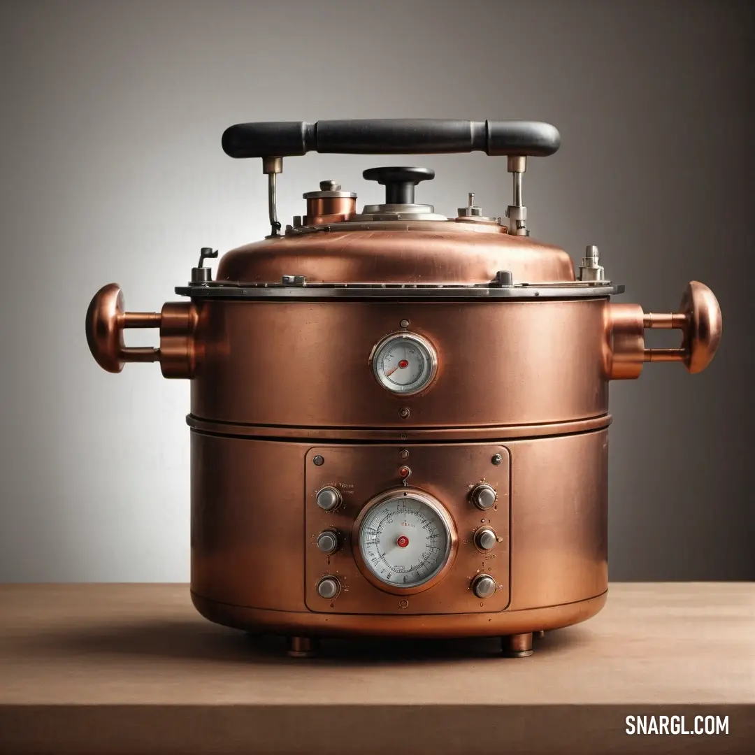 A stunning large copper pot perched on a table, featuring a detailed gauge atop it, set against a subtle gray background that enhances the rich, warm tones of the pot and its craftsmanship.