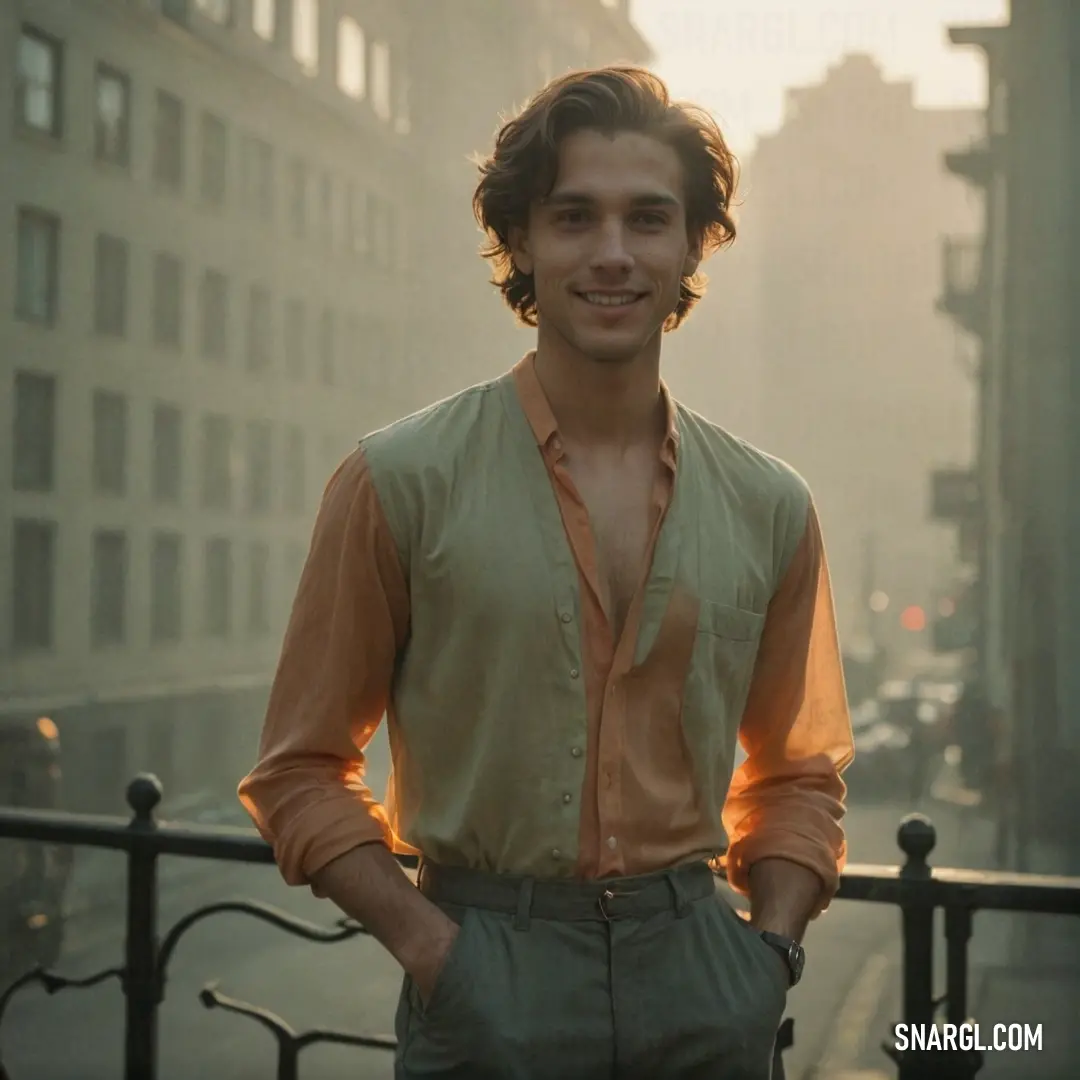 A contemplative man stands before a weathered urban fence at sunset, his hands casually tucked in his pockets. The warm and inviting PANTONE 164 color illuminates the city backdrop, enhancing the emotional depth of the scene.