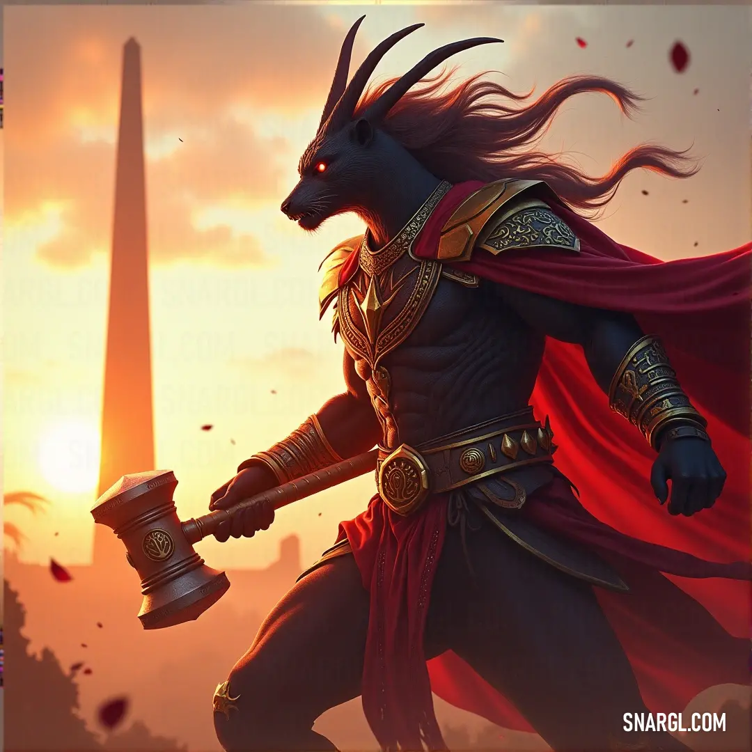 A striking image of a formidable demon brandishing a hammer and a bell, set against the backdrop of a majestic obelisk as the sun descends, casting vibrant hues of orange and gold across the sky.