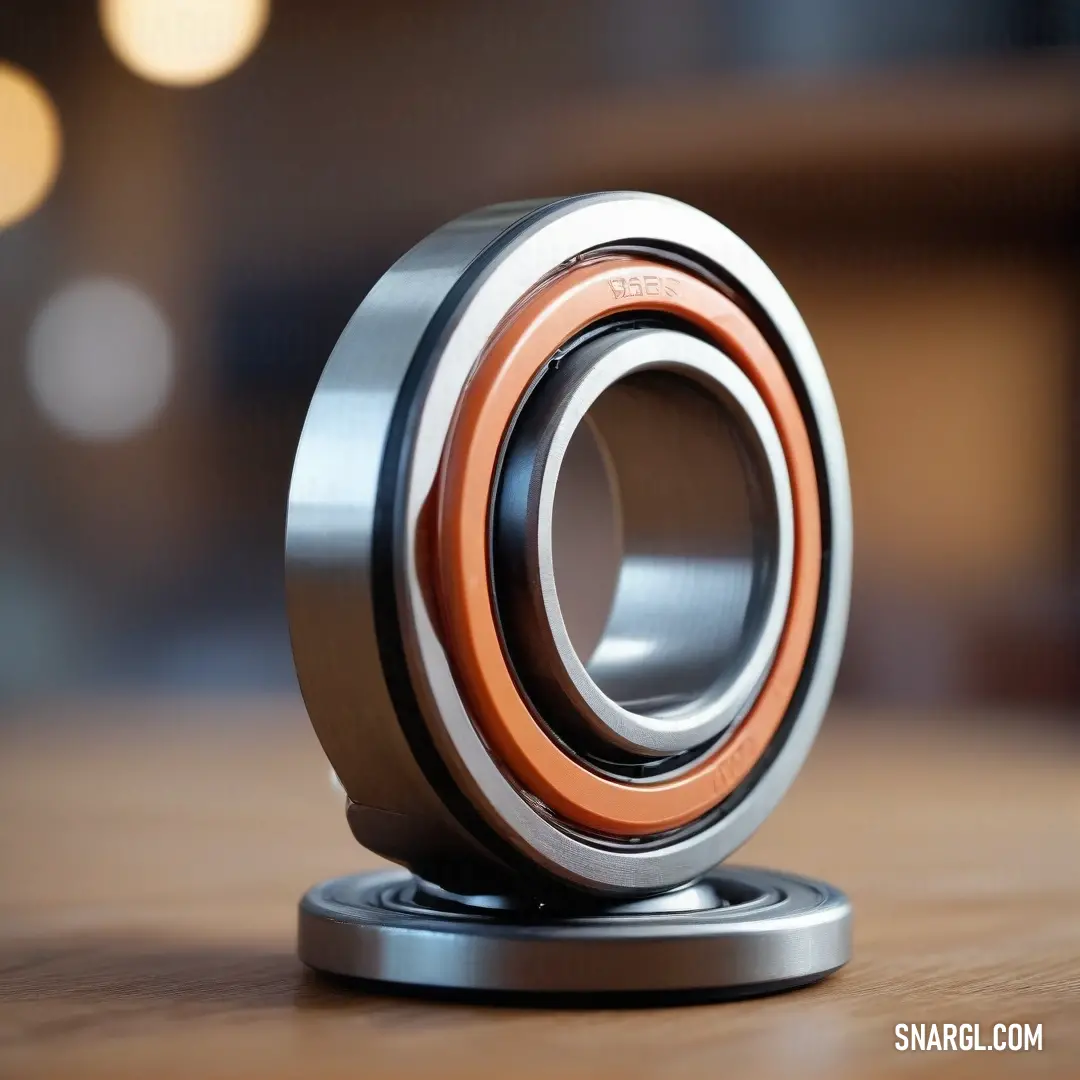 A vibrant bearing placed elegantly on a wooden table, with soft glowing lights creating a warm and inviting ambiance in the background. The rich orange hue of the bearing contrasts beautifully against the natural wood, drawing the eye in a stunning displa