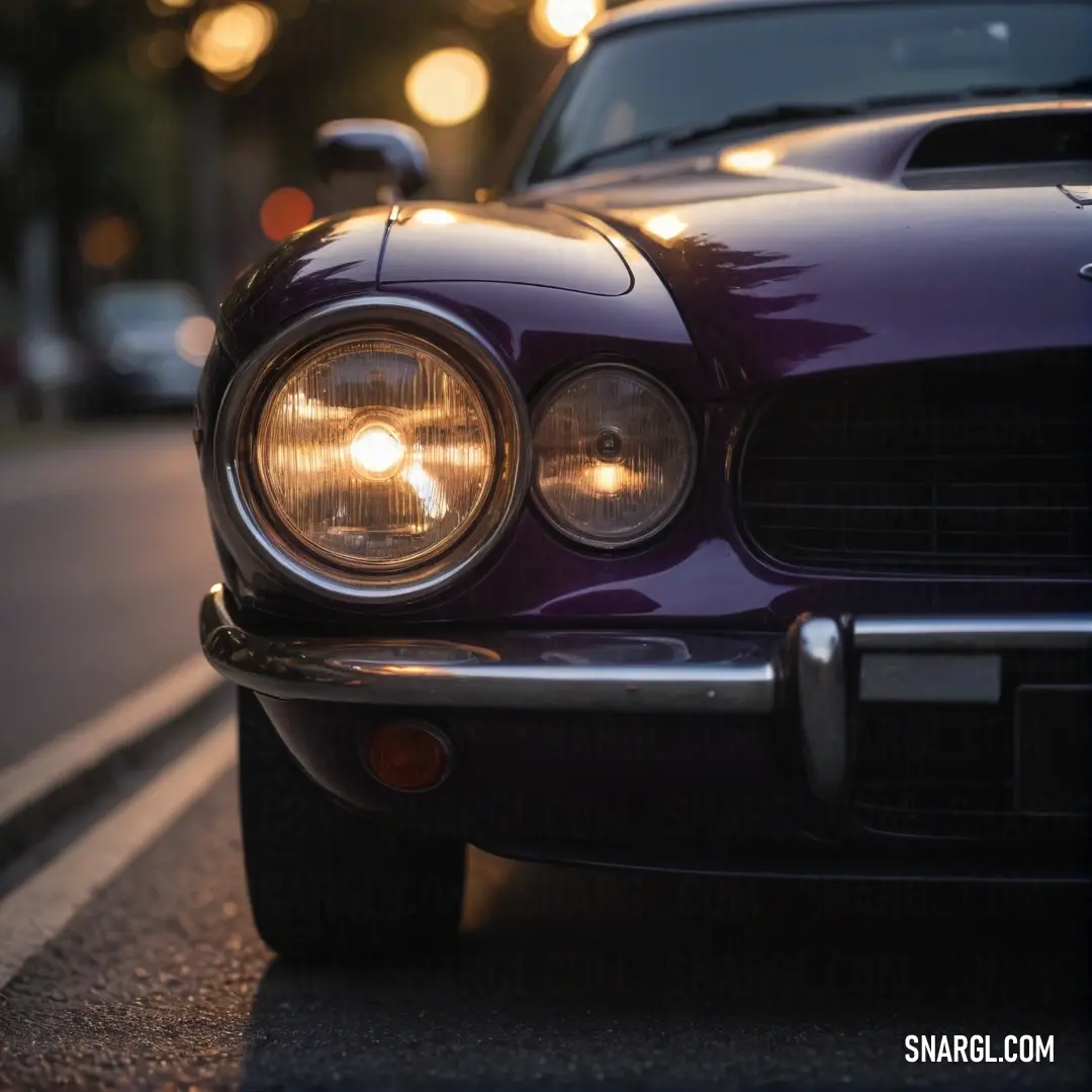 A striking close-up shot of a car's headlights piercing through the darkness of night, emphasizing the richness of PANTONE 164 color, while the blurred urban street adds a sense of mystery and intrigue to the scene.