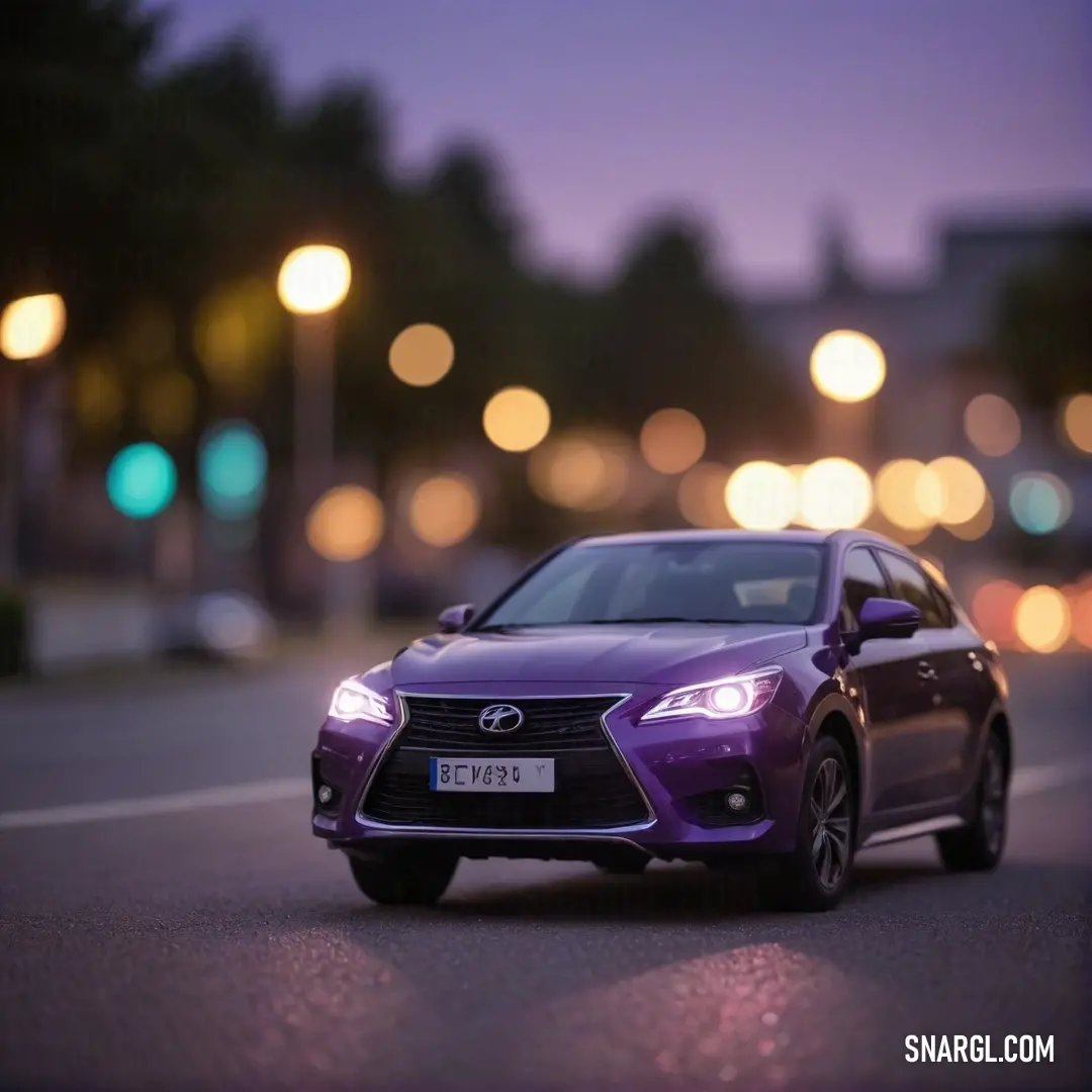 A vibrant purple car speeds down a nighttime street, showcasing the captivating RGB 230,138,72 color scheme, with blurred city lights forming a whimsical backdrop that adds to its exhilarating motion.