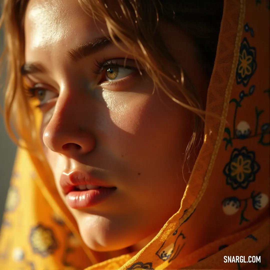 A woman with a vibrant yellow scarf gracefully glances to the side, her expressive eyes filled with curiosity. The warm, inviting colors of her attire and the subtle background create an intimate, candid moment captured in time.